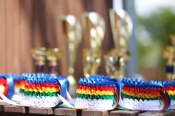 Primer plano de los premios a los ganadores de la competición deportiva al aire libre — Foto de Stock