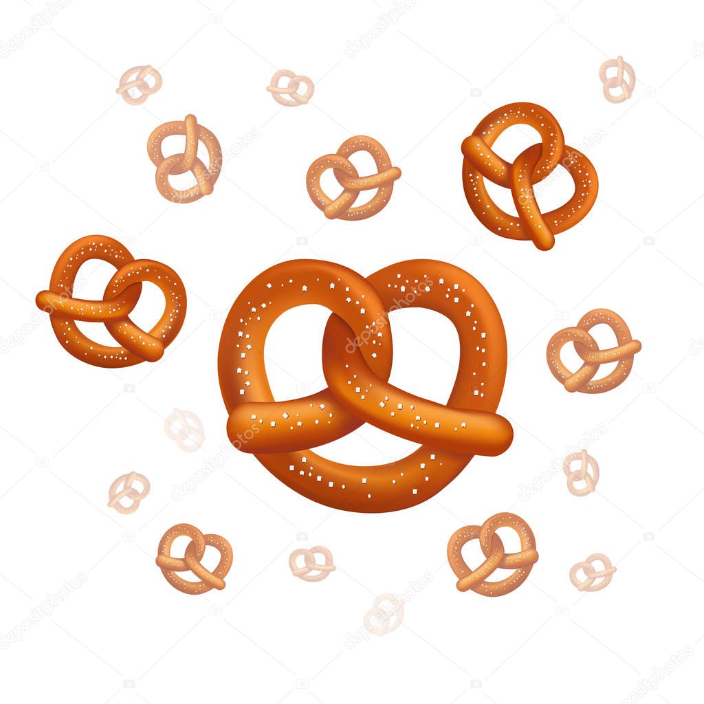 Realistic tasty pretzels on the white background