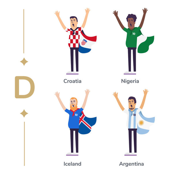 World competition. Soccer fans support national teams. Football fan with flag. Croatia, Nigeria, Iceland, Argentina. Sport celebration. Modern flat illustration.
