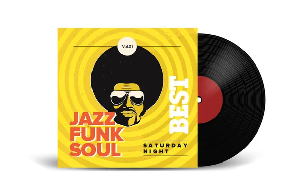 Realistic Vinyl Record with Cover Mockup. Fiesta de discoteca. Diseño retro. Vista frontal . — Vector de stock