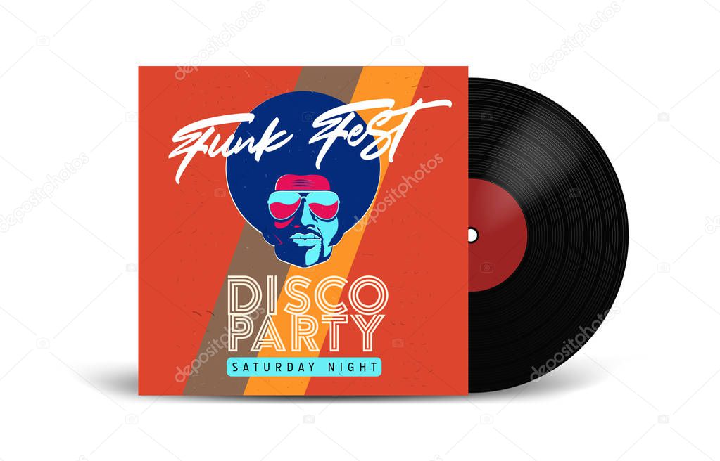 Realistic Vinyl Record with Cover Mockup. Disco party. Retro design. Front view.