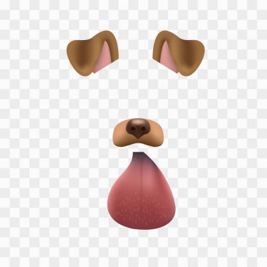 Köpek yüz maskesi damalı zemin üzerine izole görüntülü sohbet için. Hayvan karakter kulak ve burun. 3D filtre efekti selfie fotoğraf dekorasyon için. Kahverengi köpek öğeleri.
