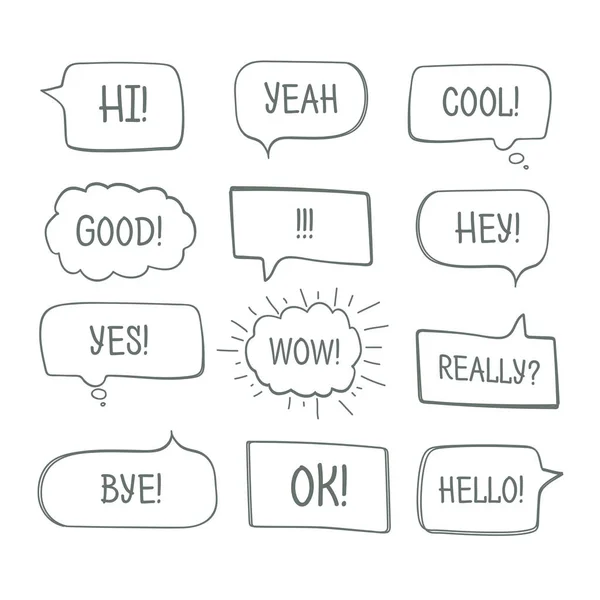 Elle çizilmiş komik konuşma balonları mesaj kelimelerle koleksiyonu vektör. — Stok Vektör