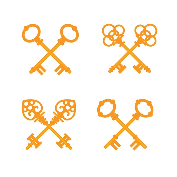Set of crossed old vintage golden keys. Vector flat illustration. — Stock Vector