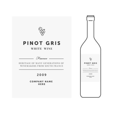 Beyaz şarap etiket. Vektör premium şablonu. Temiz ve modern tasarım. Pinot Gris üzüm sıralama.