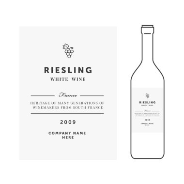 Beyaz şarap etiket. Vektör premium şablonu. Temiz ve modern tasarım. Riesling üzüm sıralama.