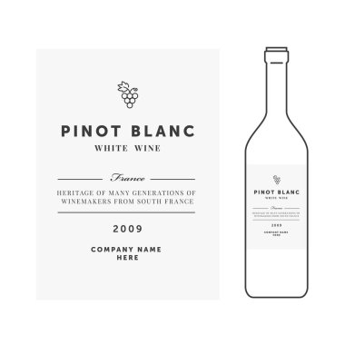 Beyaz şarap etiket. Vektör premium şablonu. Temiz ve modern tasarım. Pinot Blanc üzüm sıralama.
