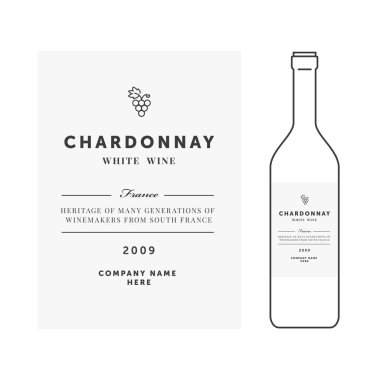 Beyaz şarap etiket. Vektör premium şablonu. Temiz ve modern tasarım. Chardonnay üzüm sıralama.