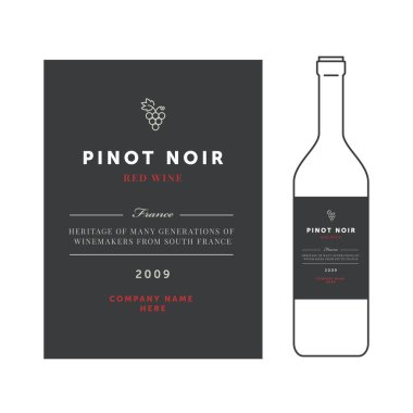 Kırmızı şarap etiketleri. Vektör sigorta primi şablon kümesi. Temiz ve modern tasarım. Pinot noir üzüm sıralama.