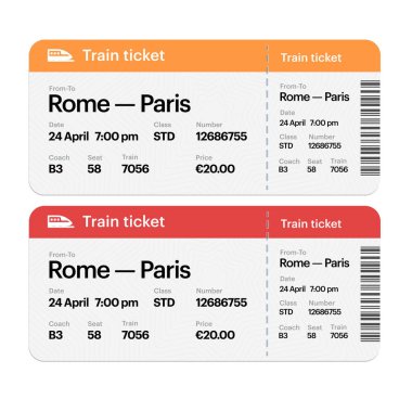 Set of the train boarding pass tickets. Isolated on white background. flat design clipart