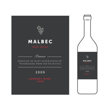 Kırmızı şarap etiketleri. sigorta primi şablon kümesi. Temiz ve modern tasarım. Malbec üzüm sıralama.