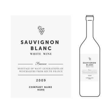 Beyaz şarap etiket. Premium şablonu. Temiz ve modern tasarım. Üzüm Sauvignon Blanc sıralama.