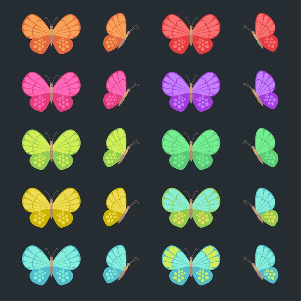 Mariposas de colores aisladas sobre fondo oscuro. Conjunto de mariposa plana . —  Fotos de Stock