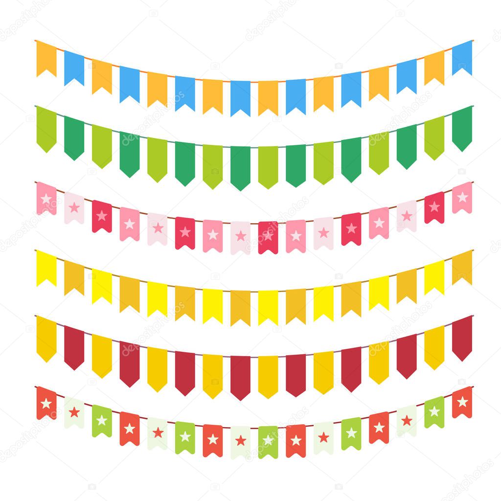  flag garlands for invitation card design, carnival bright cordage and child adornments isolated on white background. Different colorful bunting.