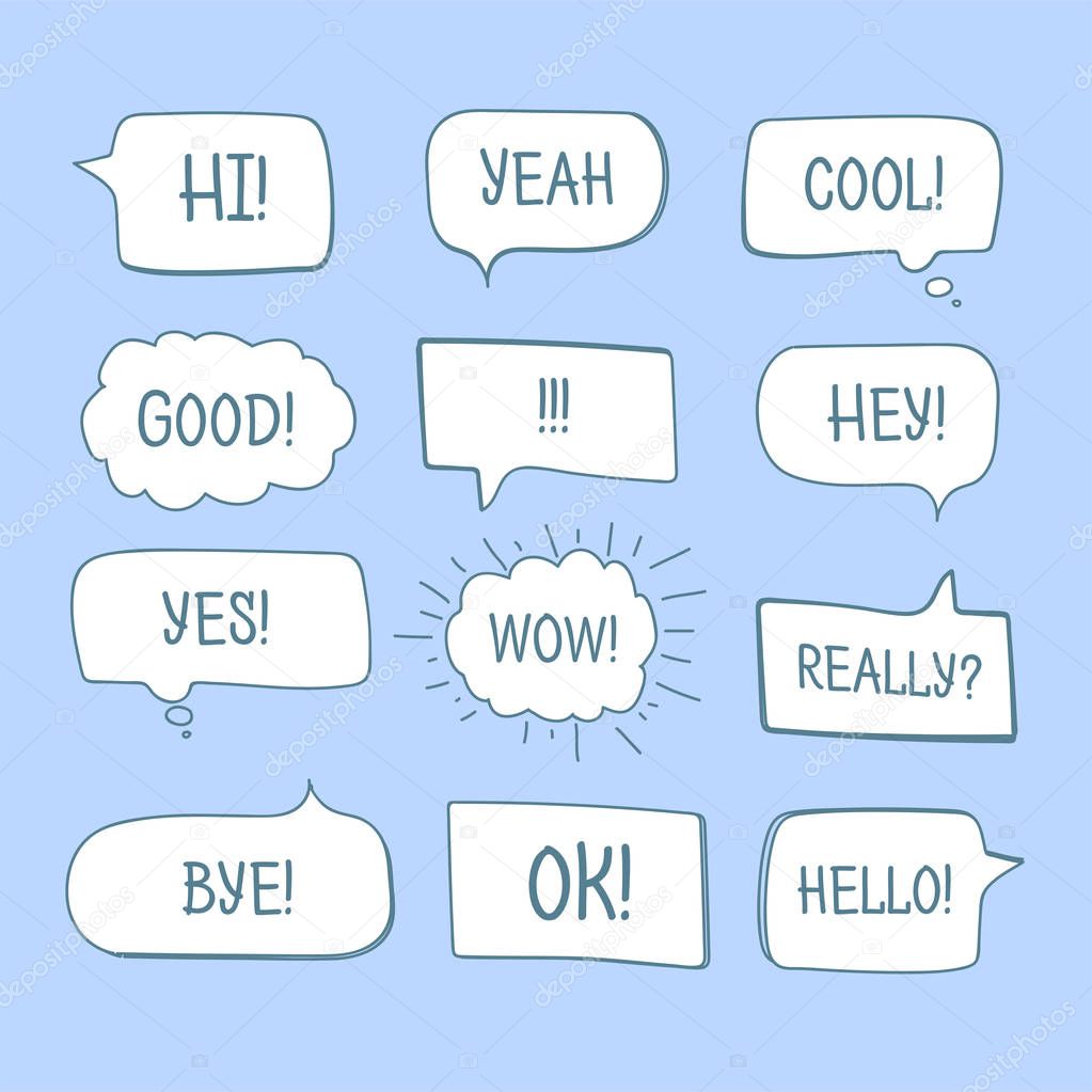 Hand drawn comic speech bubbles with message words collection.