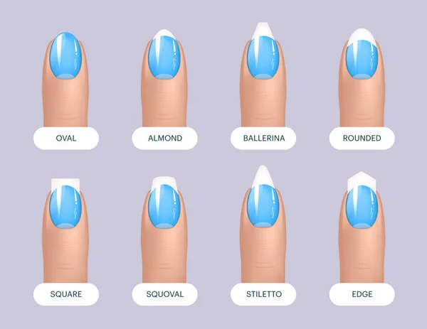 Set of simple realistic blue manicured nails with different shapes. Vector illustration for your graphic design. — Stock Vector