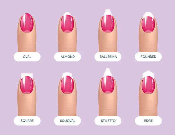 Set of simple realistic pink manicured nails with different shapes. Vector illustration for your graphic design. — Stock Vector