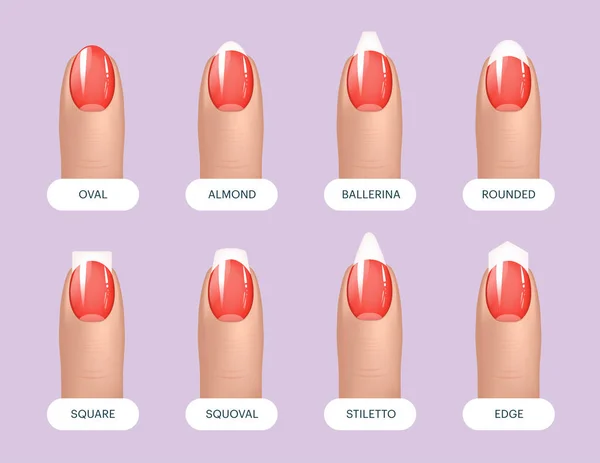 Conjunto de simples uñas realistas con manicura roja con diferentes formas. Ilustración vectorial para su diseño gráfico . — Archivo Imágenes Vectoriales