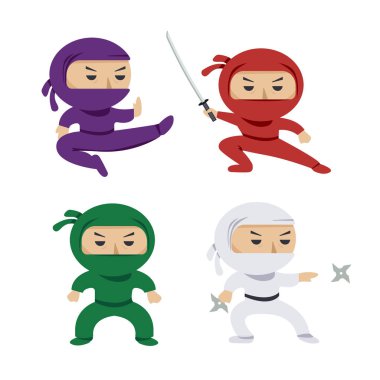 karikatür kümesi Ninja katana kılıcı, dövüş sanatları pozlar ile renkli. klip sanat illüstrasyon.
