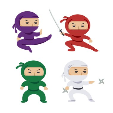 set of the cartoon colored ninjas with katana sword, martial arts poses. clip art illustration. clipart