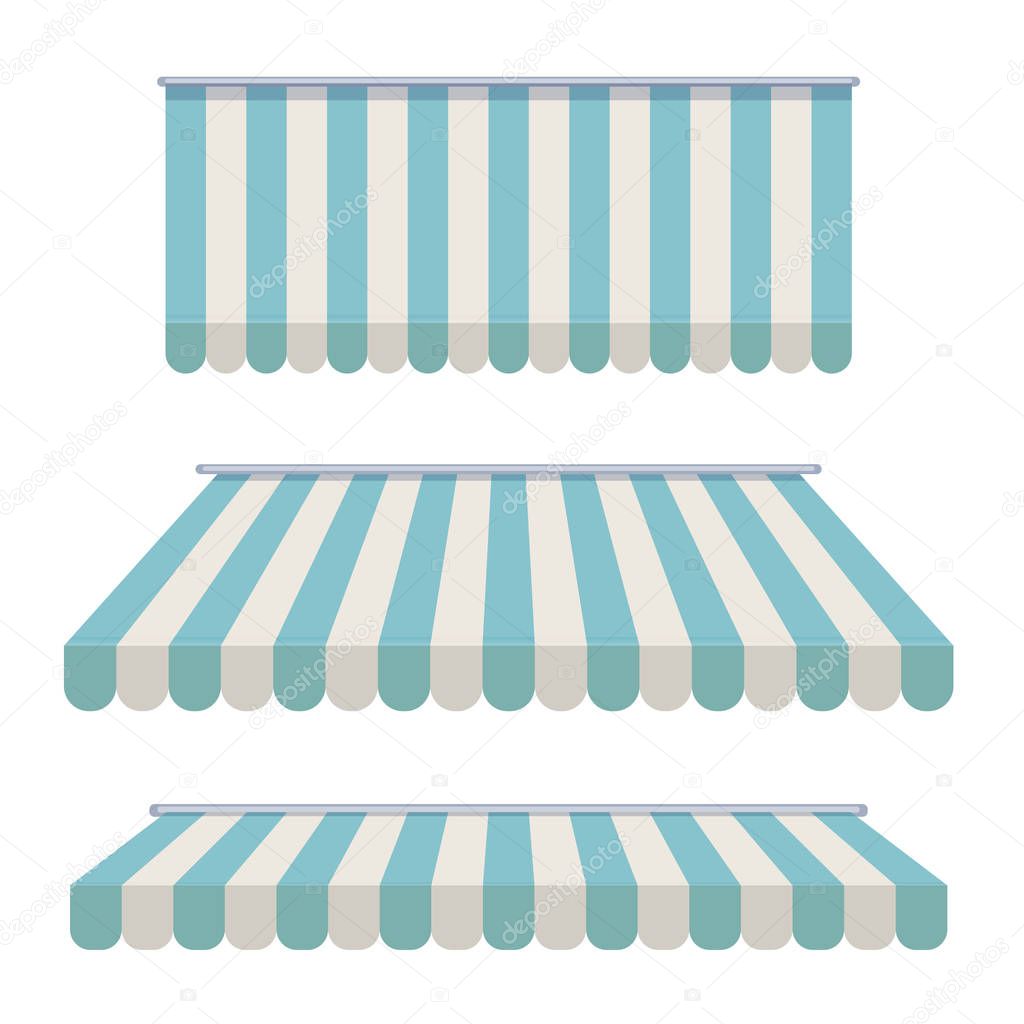A set of striped awnings, canopies for the store. Awning for the cafes and street restaurants. Vector illustration isolated on white background
