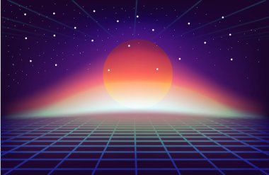 80s retro Sci-Fi arka plan güneş ile. 1980'lerde posterler stil vektör fütüristik synth retro dalga çizimde.
