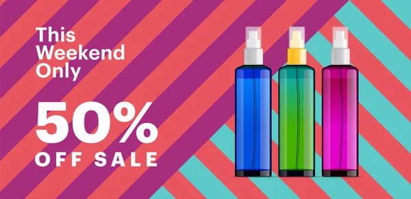 Banner de productos cosméticos de moda con botellas de esencia. Fondo geométrico moderno con rayas. Plantilla de póster venta grande . — Vector de stock