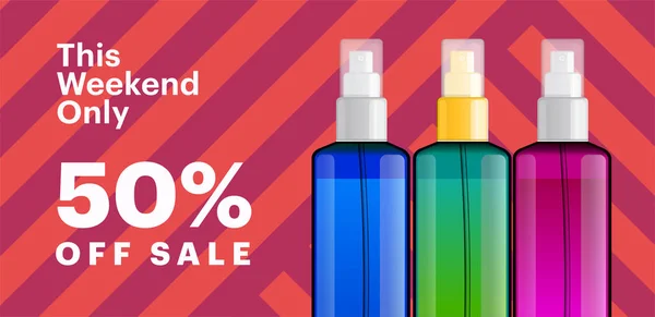 Banner de productos cosméticos de moda con botellas de esencia. Fondo geométrico moderno con rayas. Plantilla de póster venta grande . — Vector de stock