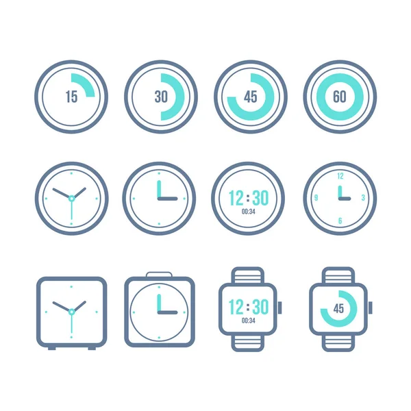 Temporizadores de vectores listos. Variedad de los iconos del reloj. Estilo plano moderno . — Vector de stock