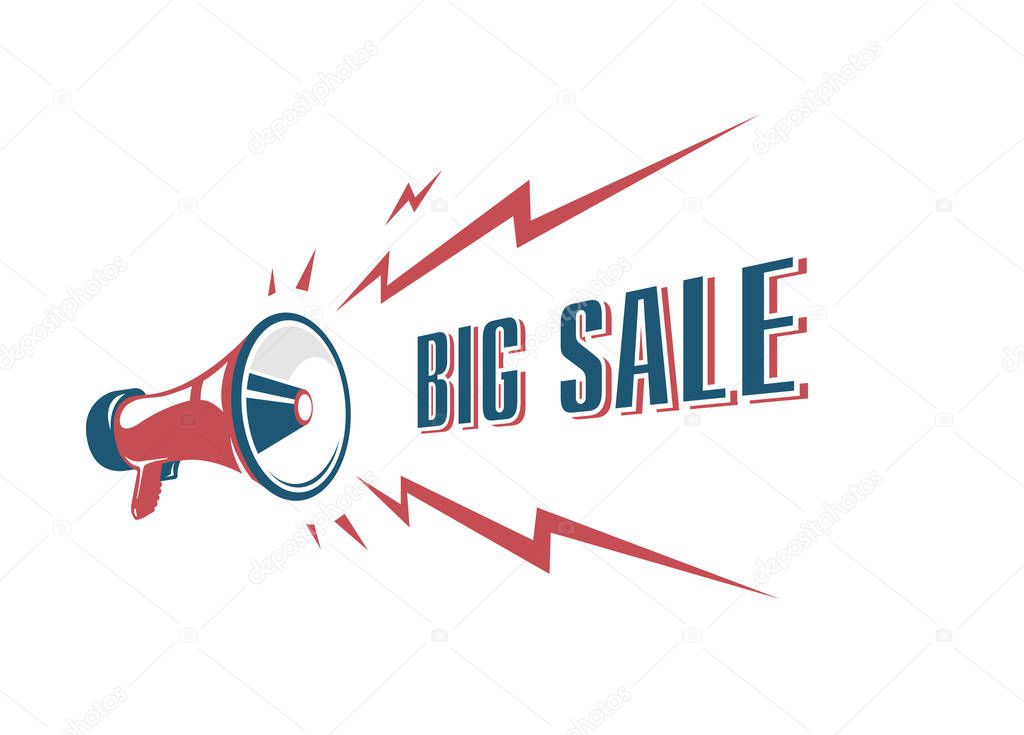 Big sale sign with retro megaphone. vintage megaphone isolated on the white background.