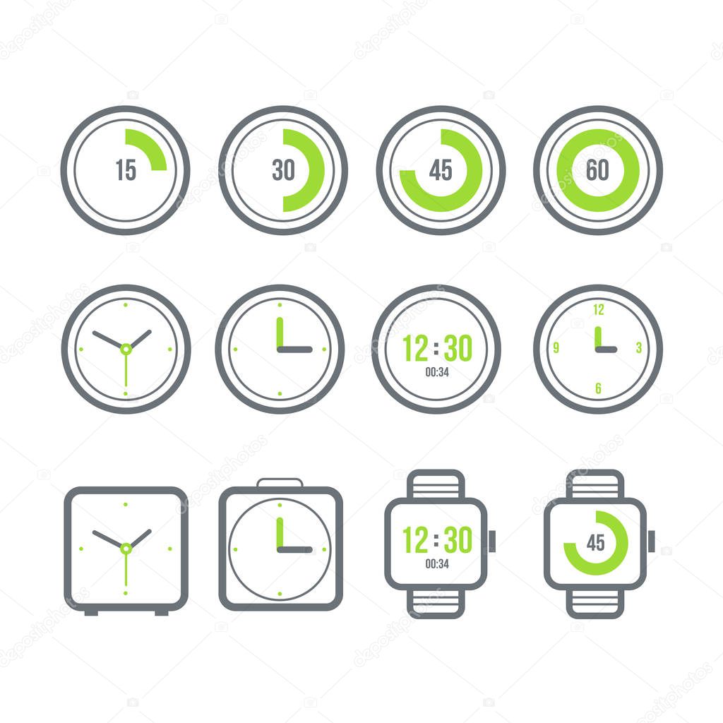  timers set. Variety of the clock icons. Modern flat style.