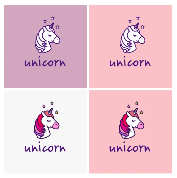 Logo vektor Unicorn terisolasi pada latar belakang putih. Kepala kuda dengan klakson. Hewan fantasi ajaib. Desain untuk anak-anak - Stok Vektor