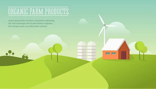 Eco pueblo ilustración. Concepto de agricultura ecológica. Estilo moderno de diseño plano. Granero en el campo con molino de viento y tractor . — Vector de stock