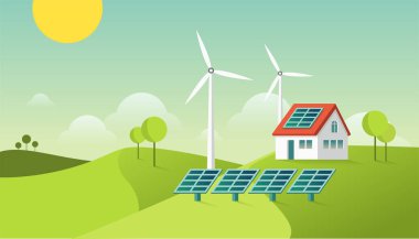 Eko dostu modern ev. Yeşil enerji illüstrasyon. Güneş ve jeotermal güç. kavramı.
