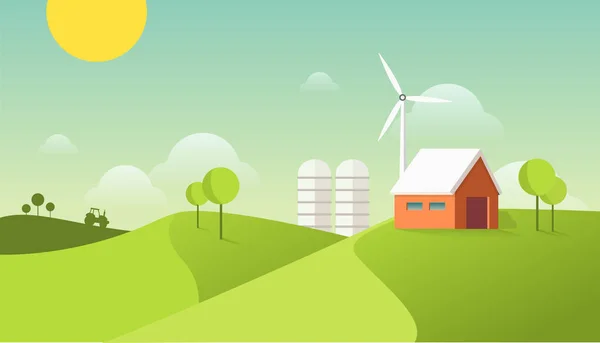 Eco village illustration. Organic farming concept. Modern flat design style. Barn house on the field with windmill and tractor.