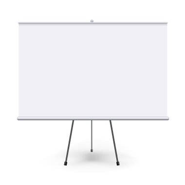 Vektör gerçekçi boş flipchart temiz beyaz arka plan üzerinde izole üç bacaklı. Beyaz yatay banner tanıtımı, kurumsal eğitim ve brifing için rulo. Vektör mockup.