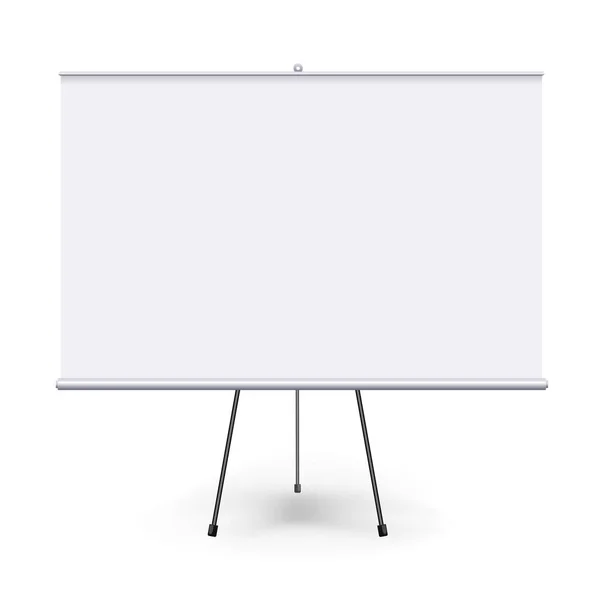 Vektör gerçekçi boş flipchart temiz beyaz arka plan üzerinde izole üç bacaklı. Beyaz yatay banner tanıtımı, kurumsal eğitim ve brifing için rulo. Vektör mockup.