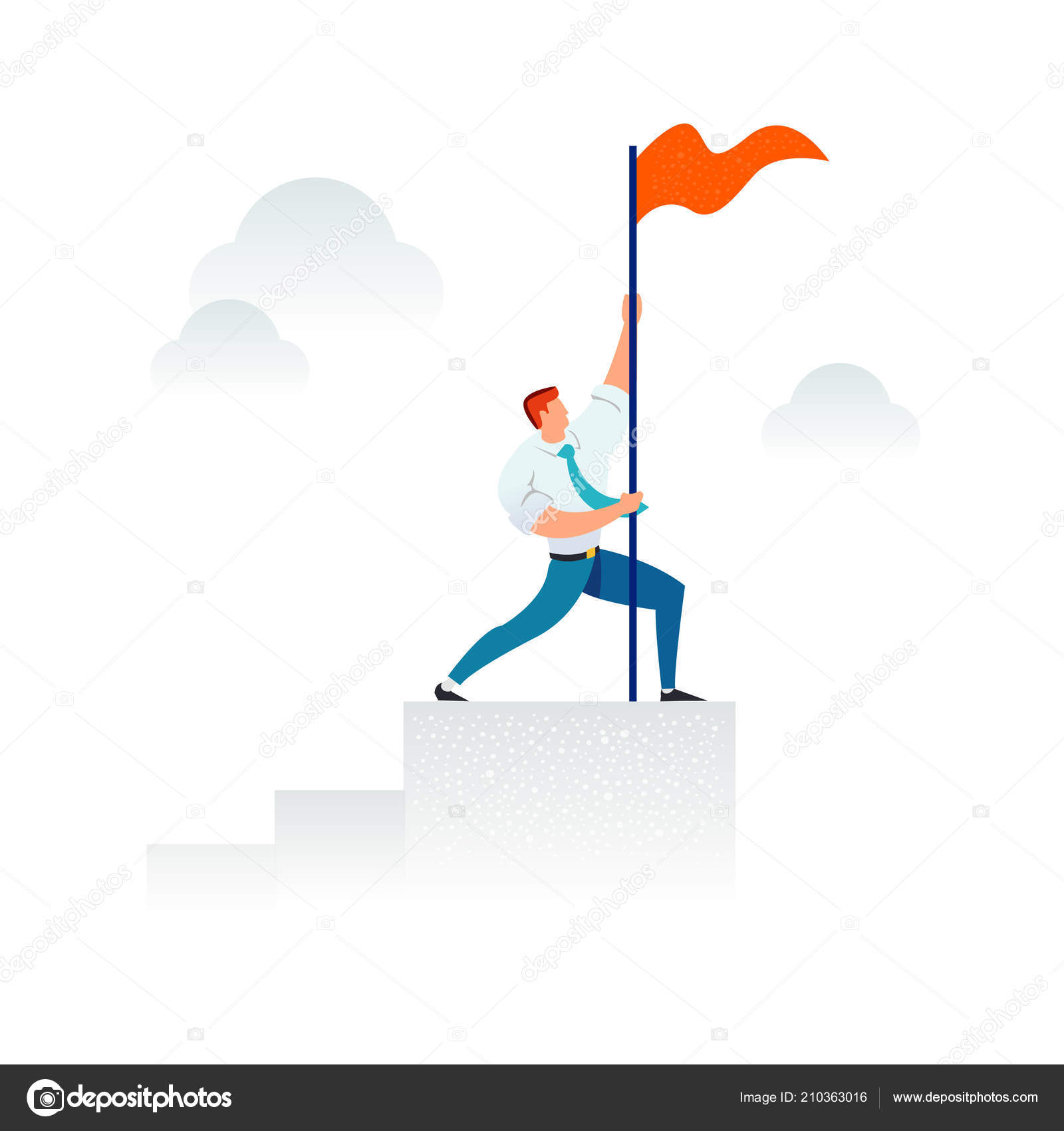 Strong businessman holding a red flag on top of the column graph