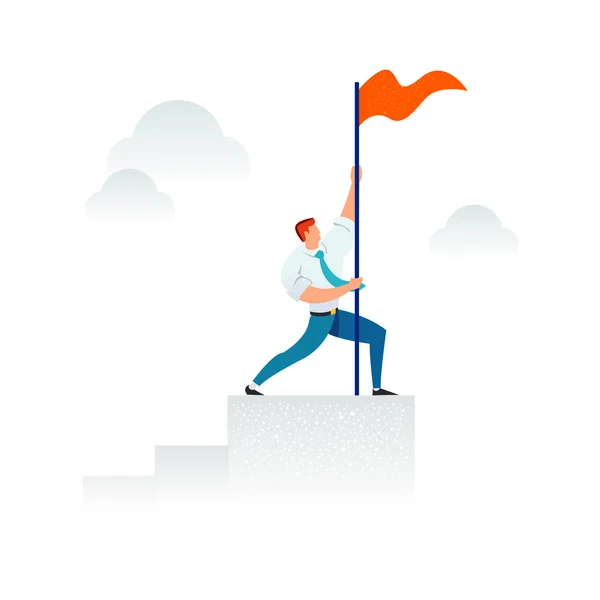 Sterke zakenman een rode vlag op de top van de kolomgrafiek te houden. Businessconcept van leiderschap, succes, overwinning, doel, succes. Moderne trendy vectorillustratie. — Stockvector