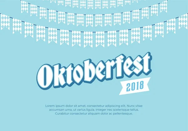 Bandiera dell'Oktoberfest. Sfondo pulito con logo Oktoberfest e buntings a quadretti blu. Monaco di Baviera birra festival card . — Vettoriale Stock