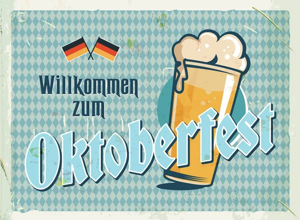 Cartel de metal retro grunge con ilustración Oktoberfest. Festival alemán de la cerveza. Cartel vintage con copa de cerveza y etiqueta tipográfica. Diseño anticuado . — Vector de stock