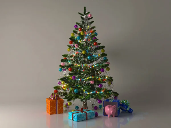 Noel akşam süslenen köknar ağacı. 3D paralayan. — Stok fotoğraf