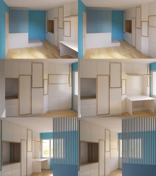 Set with  interior design with partition and wardrobe. 3d rending.