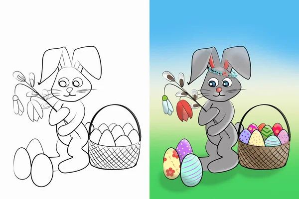 Easter coloring. Black and white raster illustration and colorful illustration coloring book for kids. — Stock Photo, Image