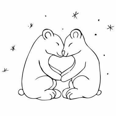 İki ayı ve aralarında bir kalp ile siyah beyaz vektör illüstrasyon.