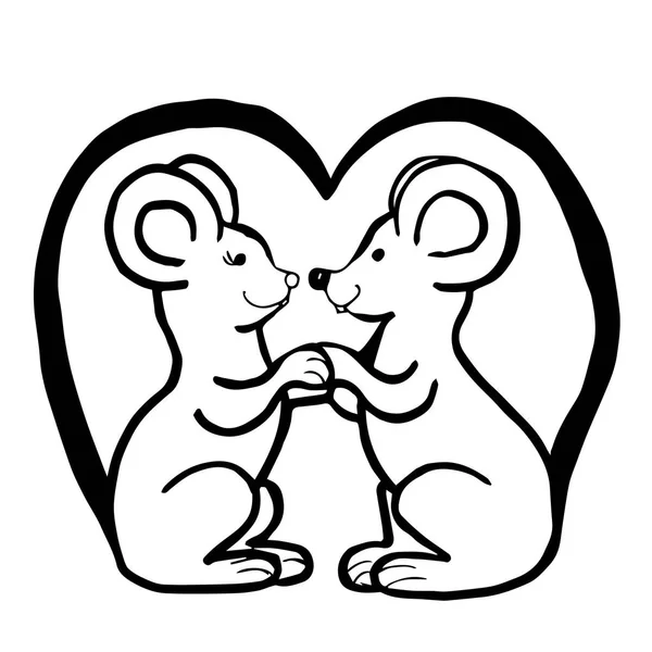 Ilustração do vetor branco preto com dois ratos com um coração de caudas . —  Vetores de Stock