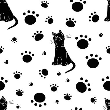 Beyaz arka planda kedi ve kedi izleri olan kusursuz bir doku..