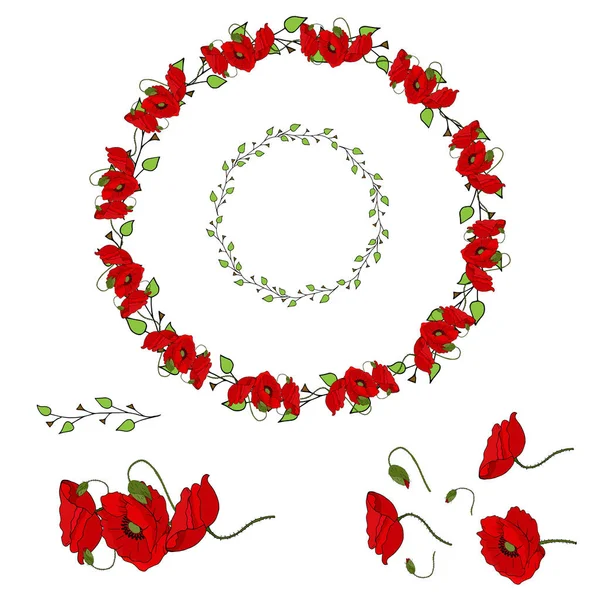 Grinaldas Flores Conjunto Elementos Com Papoilas Vermelhas Ramos Com Folhas — Fotografia de Stock