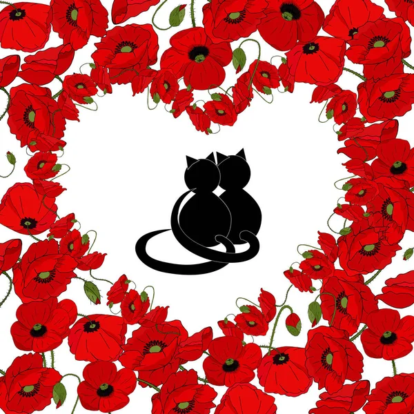 Heart Flowers White Background Red Poppies Cats Shirt Print Template — Stock Photo, Image