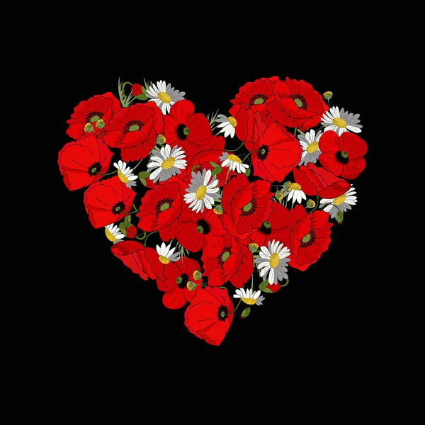 Srdce Květin Černém Pozadí Módní Potisk Tričku Mikině Červený Mák — Stock fotografie